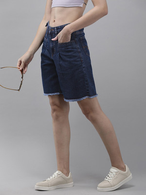 Roadster Solid Women Blue Denim Shorts