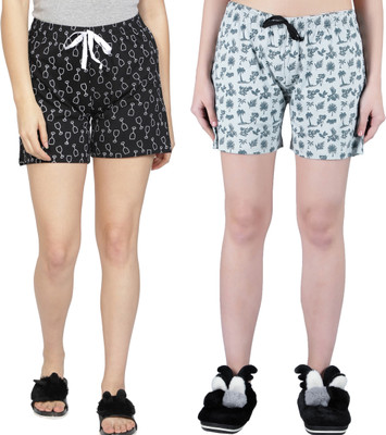 HouseOfCommon Printed Women Black, Grey Regular Shorts, Night Shorts, Cycling Shorts, Casual Shorts, Beach Shorts