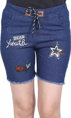 Emprace Printed Women Denim Blue Denim Shorts