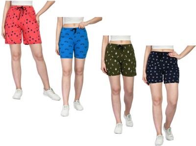 IndiWeaves Printed Women Orange, Green, Dark Blue Regular Shorts