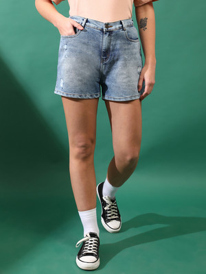 TALES & STORIES YOUNG Solid Women Blue Denim Shorts