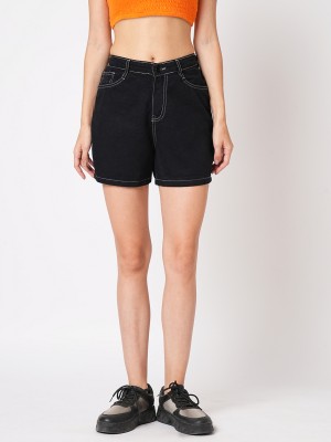 Kraus Jeans Solid Women Black Denim Shorts