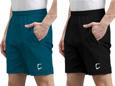 CRAVVEN Solid Men Light Blue, Black Sports Shorts