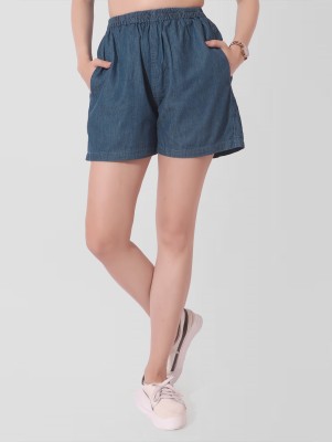 TCI Solid Women Denim Blue Regular Shorts