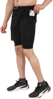 NINQ Solid Men Black Gym Shorts, Sports Shorts, Cycling Shorts, Running Shorts, Compression Shorts