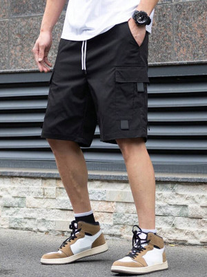 MG MAANU Self Design Men Black Sports Shorts