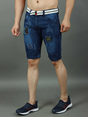 hyooo Solid Men Denim Blue Denim Shorts
