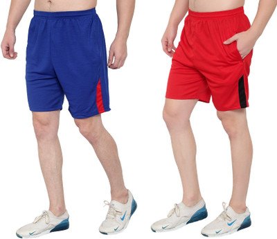 HouseOfCommon Color Block Men Light Blue, Red Sports Shorts