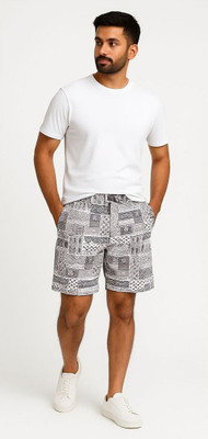 Aadhya designers Geometric Print Men Grey, White Regular Shorts