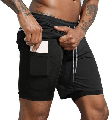 NINQ Solid Men Black Gym Shorts, Sports Shorts, Cycling Shorts, Running Shorts