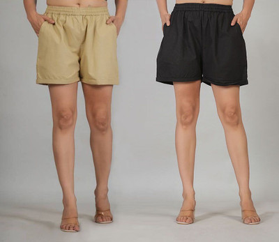 VENITYWAVE Solid Women Beige, Black Casual Shorts