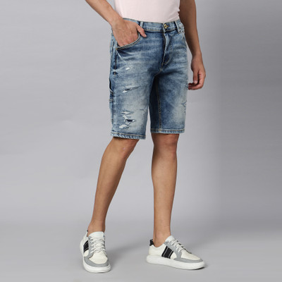 ROOKIES Distressed Men Reversible Blue Denim Shorts