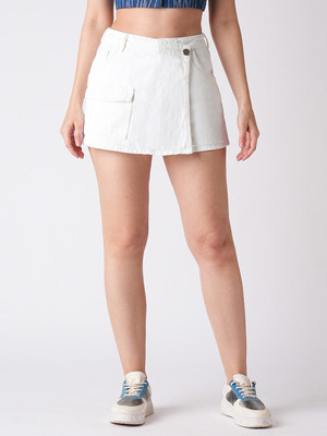 Globus Solid Women White Denim Shorts