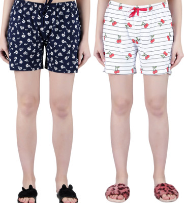 HouseOfCommon Printed Women White, Dark Blue Boxer Shorts, Casual Shorts, Night Shorts, Regular Shorts, Beach Shorts