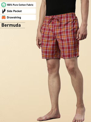 JOVEN Checkered Men Red, Yellow Bermuda Shorts