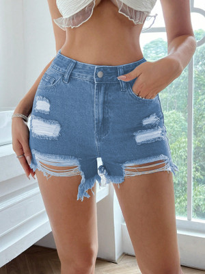 Aahwan Solid Women Denim Blue Denim Shorts