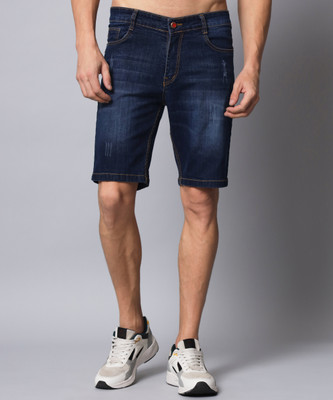 STUDIO NEXX Distressed, Dyed/Washed Men Dark Blue Denim Shorts