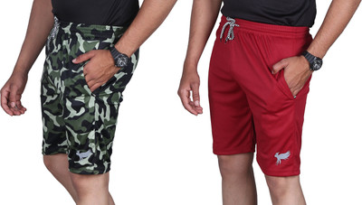 Duooble Solid, Military Camouflage Men Multicolor, Maroon Sports Shorts