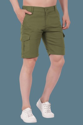 CLOTHINK India Solid Men Dark Green Cargo Shorts