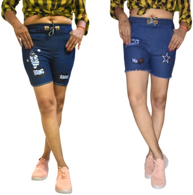 La Creacion Printed Women Denim Blue Denim Shorts