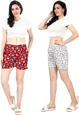 Nisvaa By Ribnee Floral Print Women Maroon, White Regular Shorts