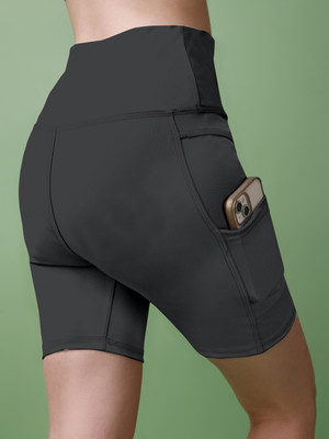 POOJARAN Solid Women Dark Grey High Waist Shorts