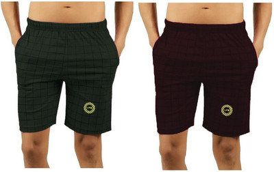 MRB Checkered Men Maroon, Dark Grey Bermuda Shorts