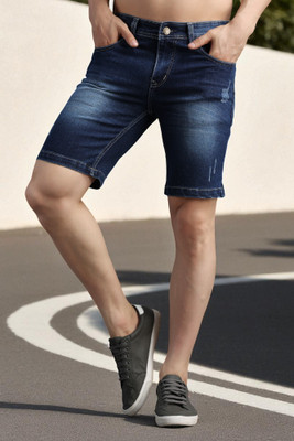 ZAYSH Distressed Men Dark Blue Denim Shorts