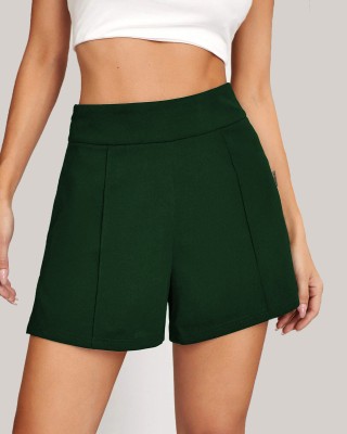 FUBACK Solid Women Dark Green Casual Shorts