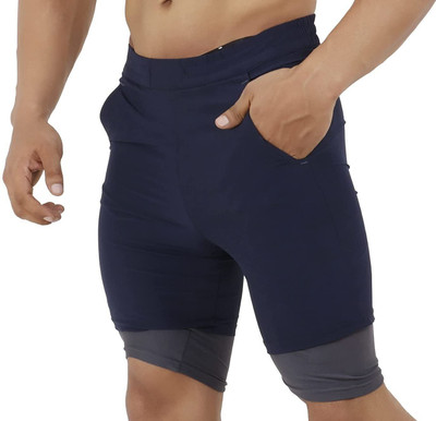 TRAIN HARD EVERYDAY Solid, Color Block Men Reversible Dark Blue Sports Shorts