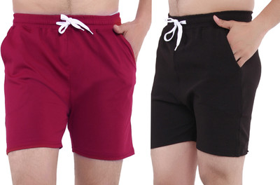 GTwo Solid Men Maroon, Black Basic Shorts