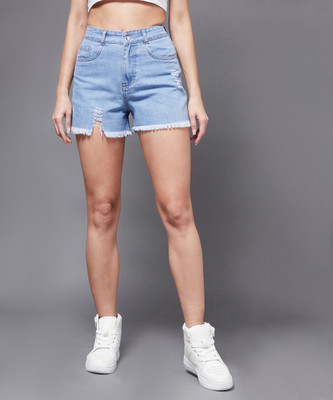 Miss Chase Solid Women Blue Denim Shorts