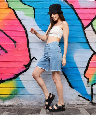 Miss Chase Solid Women Blue Bermuda Shorts