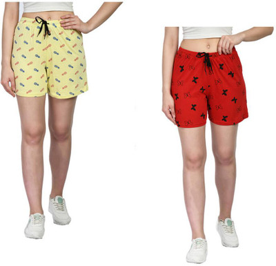IndiWeaves Printed Women Yellow, Red Regular Shorts