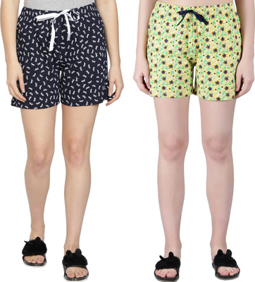 HouseOfCommon Printed Women Blue, Yellow Regular Shorts, Night Shorts, Cycling Shorts, Casual Shorts, Beach Shorts