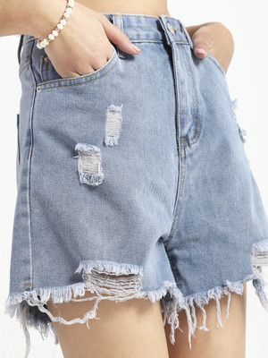 Sera Solid Women Blue Denim Shorts