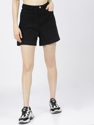 Tokyo Talkies Solid Women Black Denim Shorts