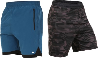 NINQ Solid, Military Camouflage, Printed Men Blue, Grey Sports Shorts