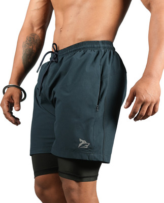 Gym Hound Solid Men Blue Compression Shorts