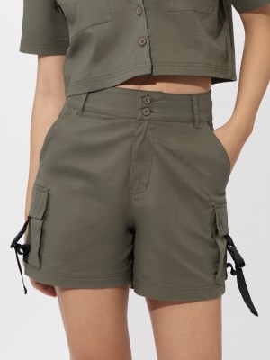 The Souled Store Solid Women Green Cargo Shorts