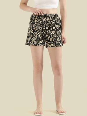 GO COLORS Printed Women Black Casual Shorts