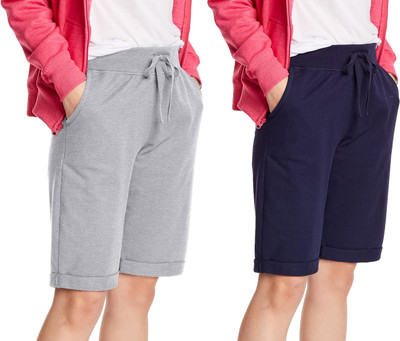HOTFITS Solid Women Blue, Grey Regular Shorts, Casual Shorts, Night Shorts