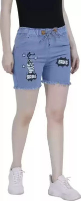 Emprace Printed Women Denim Light Blue Denim Shorts