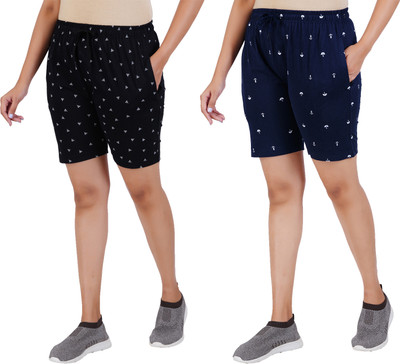 Guide Printed Women Black, Dark Blue Regular Shorts