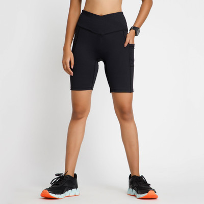RIYU Solid Women Black Gym Shorts
