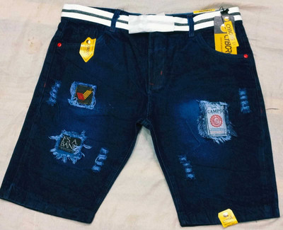 HYOOOO Self Design, Distressed Men Denim Blue Denim Shorts