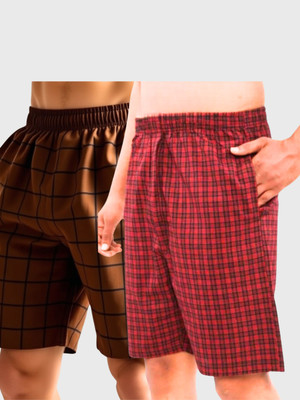 URBANICE Checkered Men Red, Brown Basic Shorts