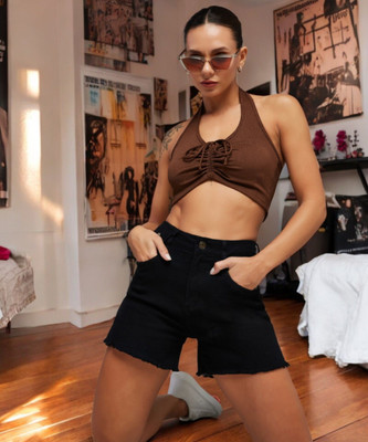 DOLCE CRUDO Solid Women Denim Black Denim Shorts