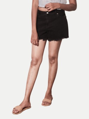 radprix Solid Women Denim Black Denim Shorts
