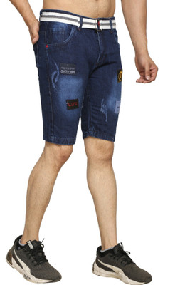 NIRALI Dyed/Washed Men Denim Dark Blue Denim Shorts